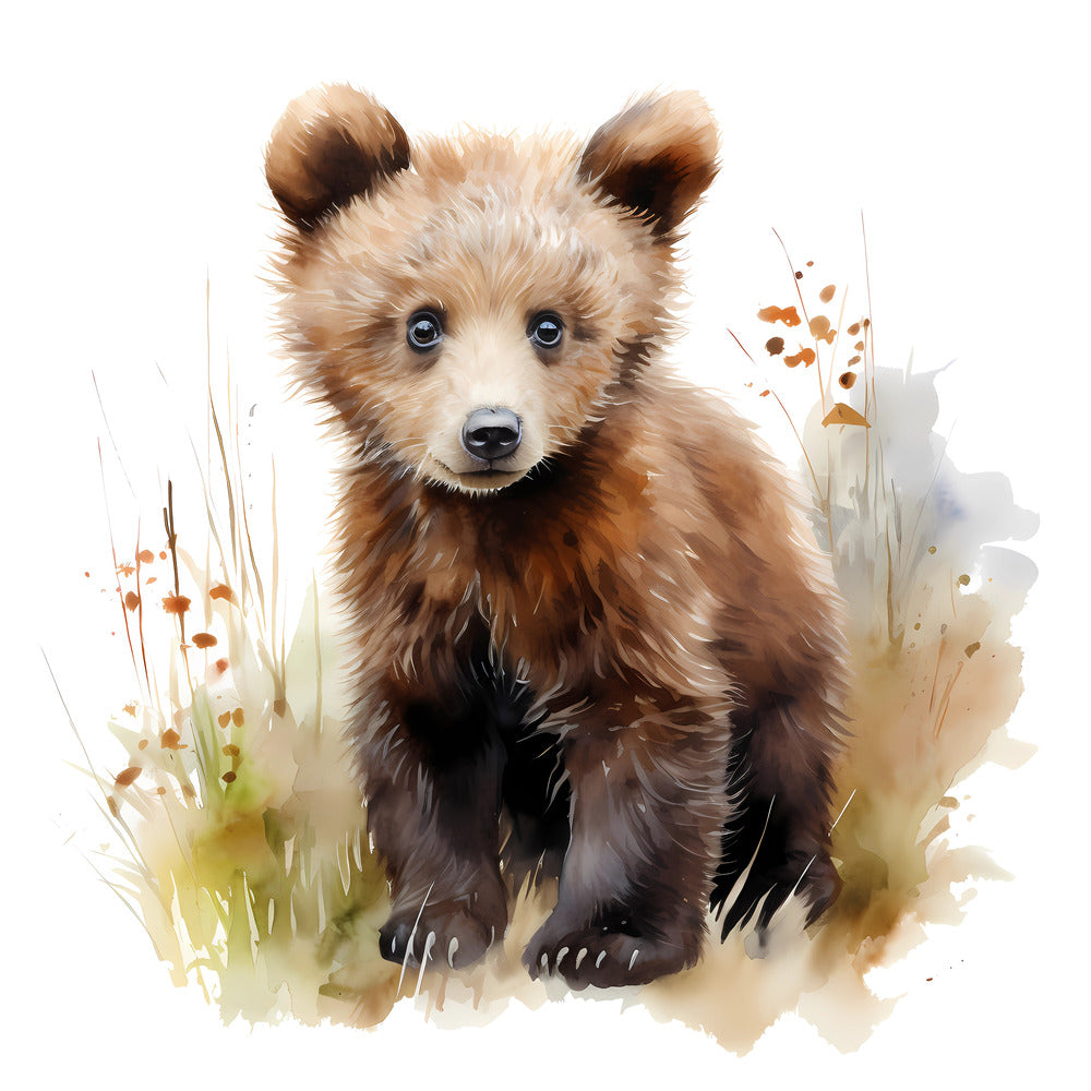 Woodland Baby Bear 4 Fabric Panel featuring a detailed illustration of a fluffy baby bear in natural woodland colors.