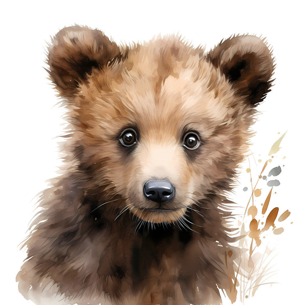 Woodland Baby Bear 5 Fabric Panel featuring a detailed, soft watercolor illustration of a baby bear's face with natural tones.