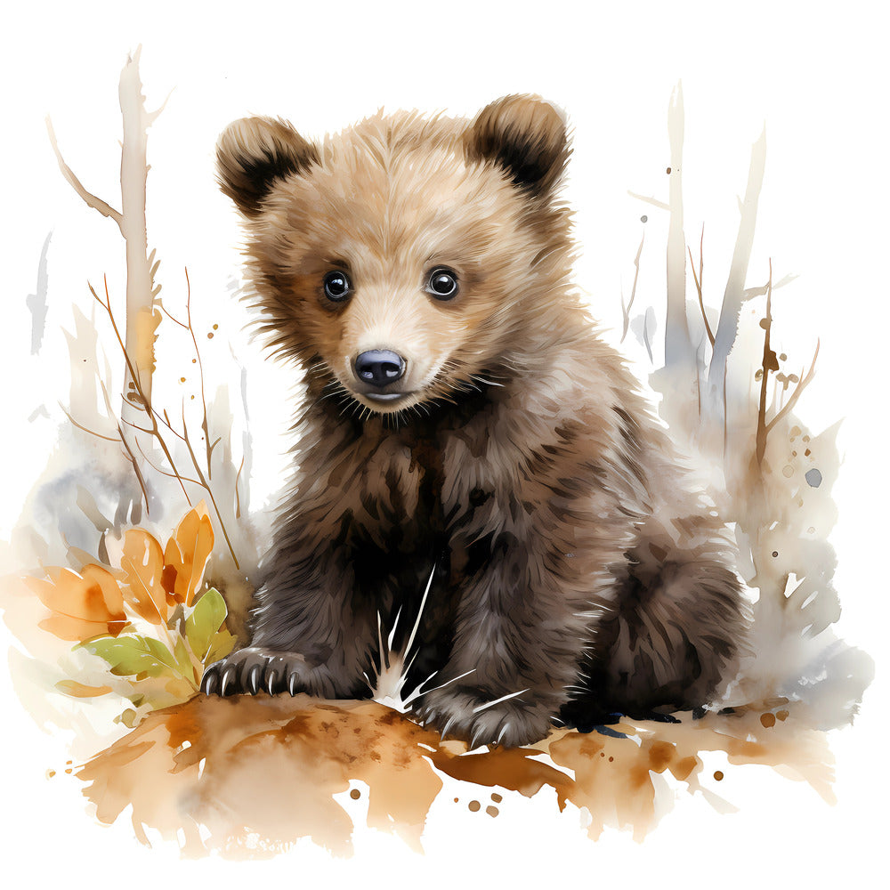 Woodland Baby Bear 6 Fabric Panel featuring a detailed baby bear illustration in a soft natural forest setting.