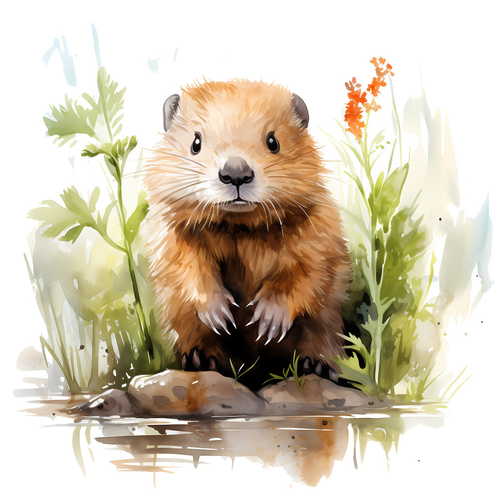 Illustration of a baby beaver in nature surrounded by plants, featured on Woodland Baby Beaver 2 Fabric Panel.