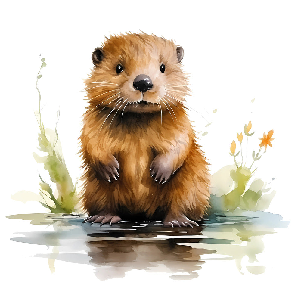 Woodland Baby Beaver 3 Fabric Panel illustrating a cute beaver in natural colors on premium quilting cotton fabric.