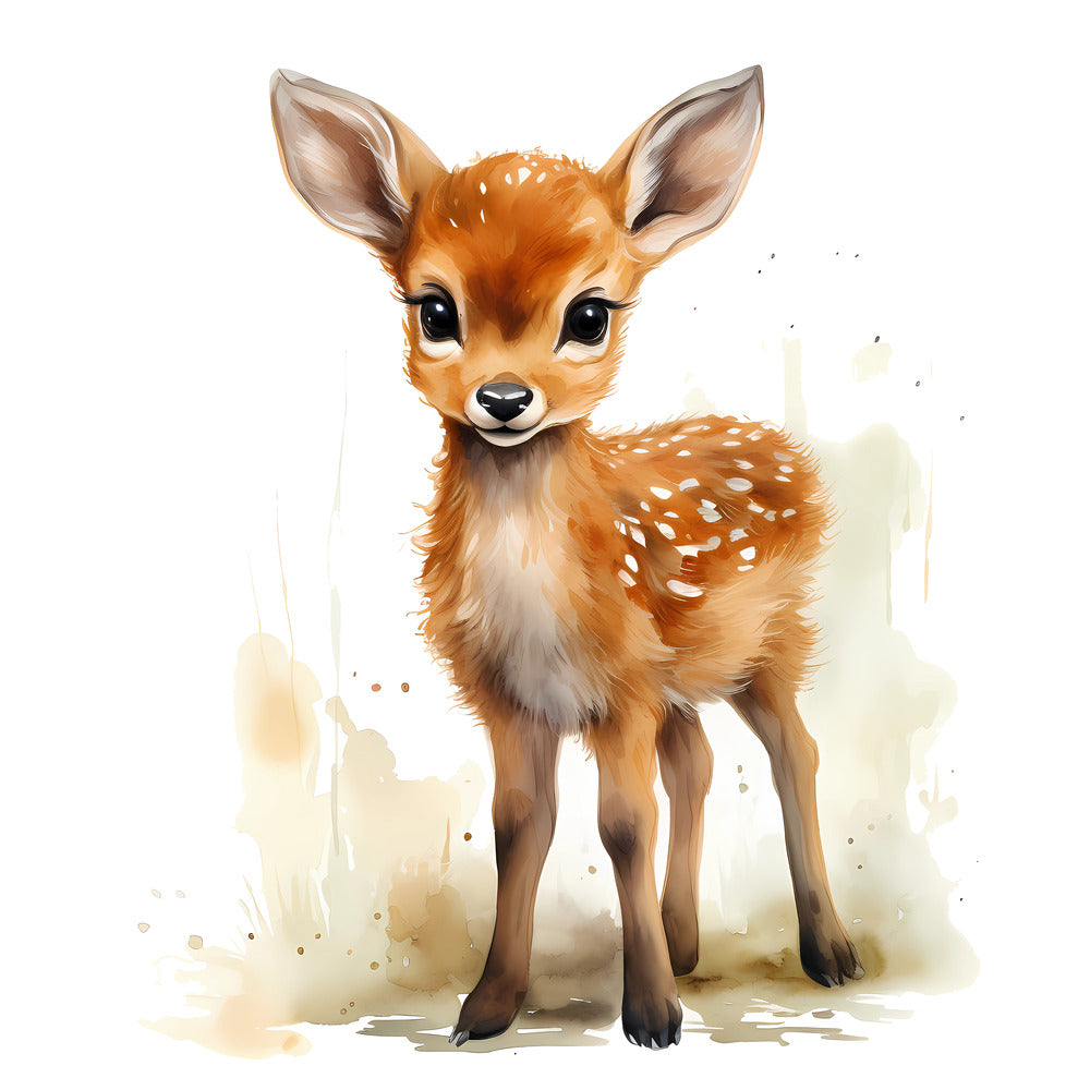 Woodland Baby Deer 1 Fabric Panel featuring a detailed, realistic illustration of a baby deer on white premium quilting cotton fabric.
