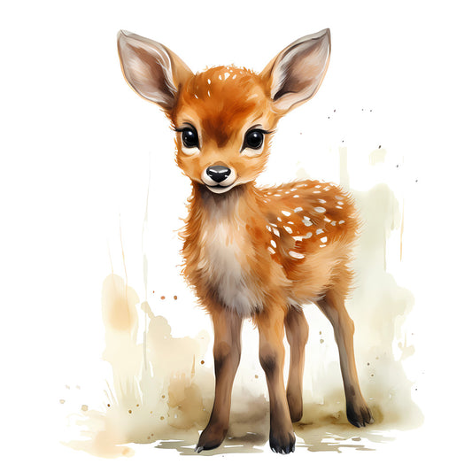 Woodland Baby Deer 1 Fabric Panel featuring a detailed, realistic illustration of a baby deer on white premium quilting cotton fabric.
