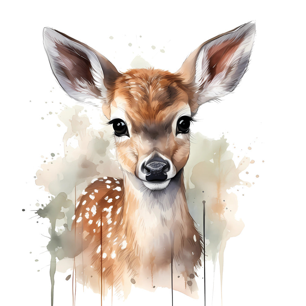 Woodland Baby Deer 2 Fabric Panel featuring a detailed watercolor illustration of a fawn, printed on premium quilting cotton.