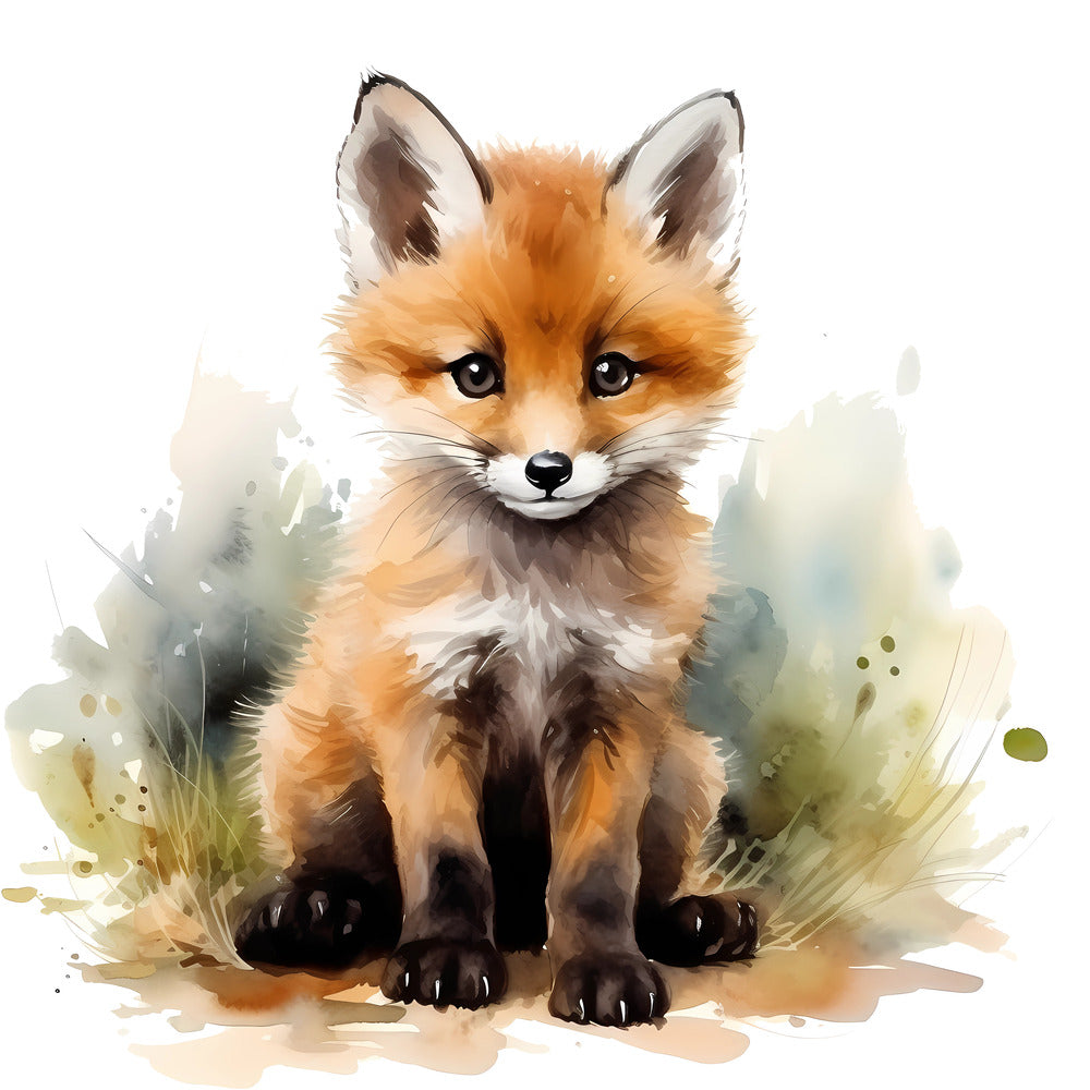 Woodland Baby Fox 1 Fabric Panel features a detailed, soft watercolor illustration of a young fox on a natural background.