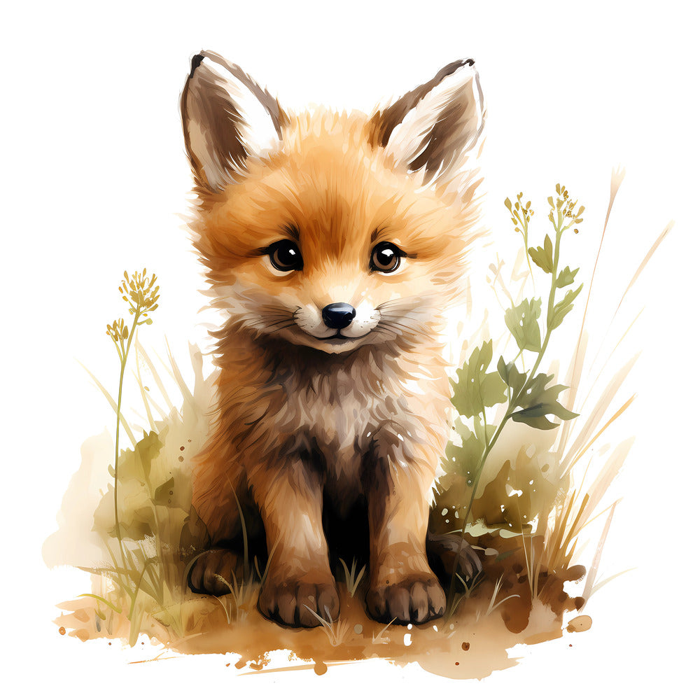 Woodland Baby Fox 2 Fabric Panel featuring a detailed, soft-toned illustration of a cute baby fox in natural foliage.
