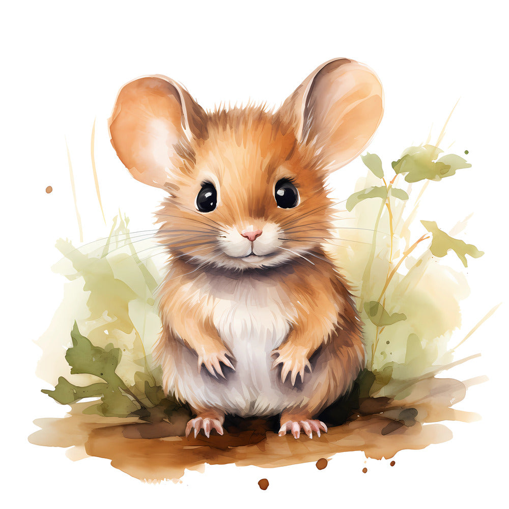 Woodland Baby Mouse 1 Fabric Panel featuring a detailed, soft illustration of a cute baby mouse in natural earthy tones.