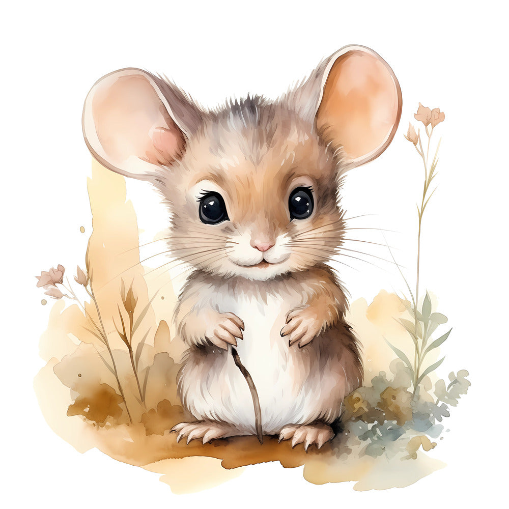 Woodland Baby Mouse 2 Fabric Panel featuring a detailed, adorable baby mouse surrounded by soft watercolor foliage.