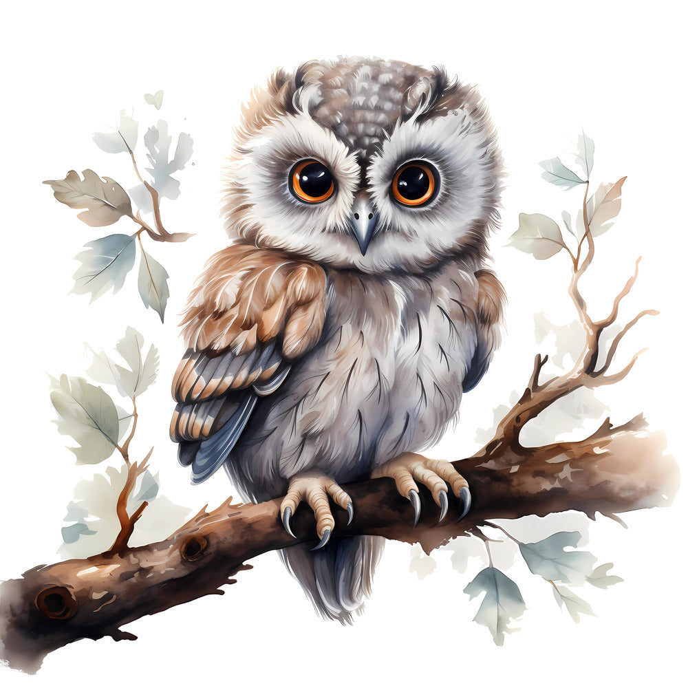 Woodland Baby Owl 1 Fabric Panel featuring a detailed, soft-colored owl perched on a branch with delicate leaves.