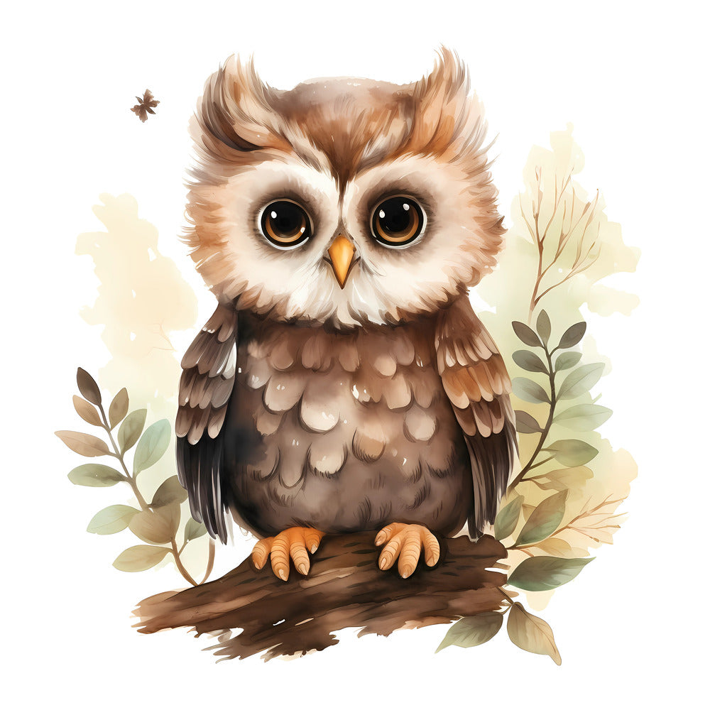 Woodland Baby Owl 2 Fabric Panel featuring a detailed illustration of a baby owl perched on a branch with soft foliage background.