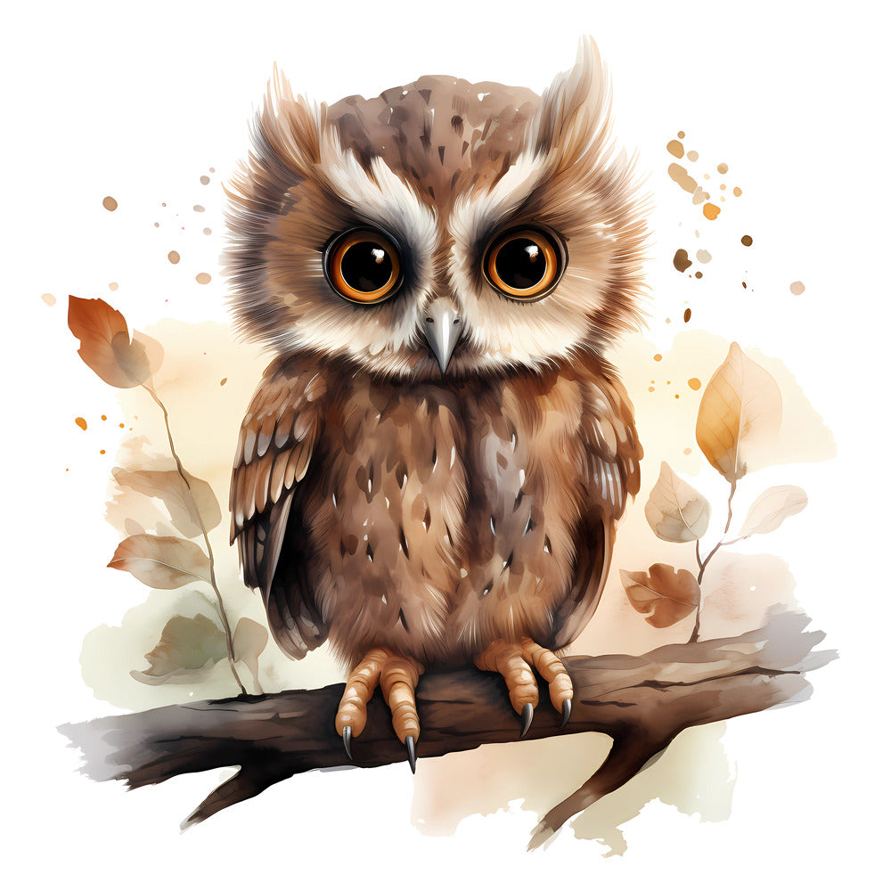Woodland Baby Owl 3 Fabric Panel featuring a detailed, soft brown owl perched on a branch with autumn leaves background.