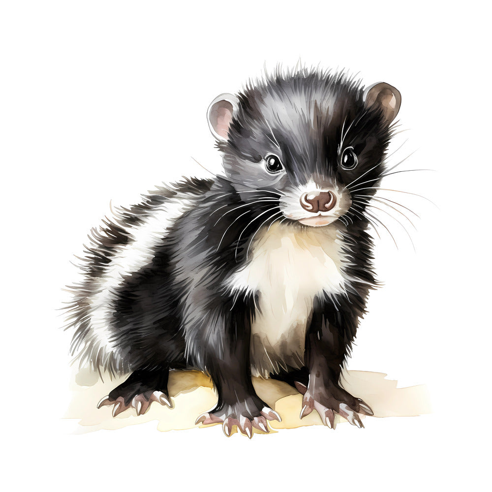 Woodland Baby Skunk 1 Fabric Panel featuring a detailed, realistic illustration of a baby skunk on premium quilting cotton.