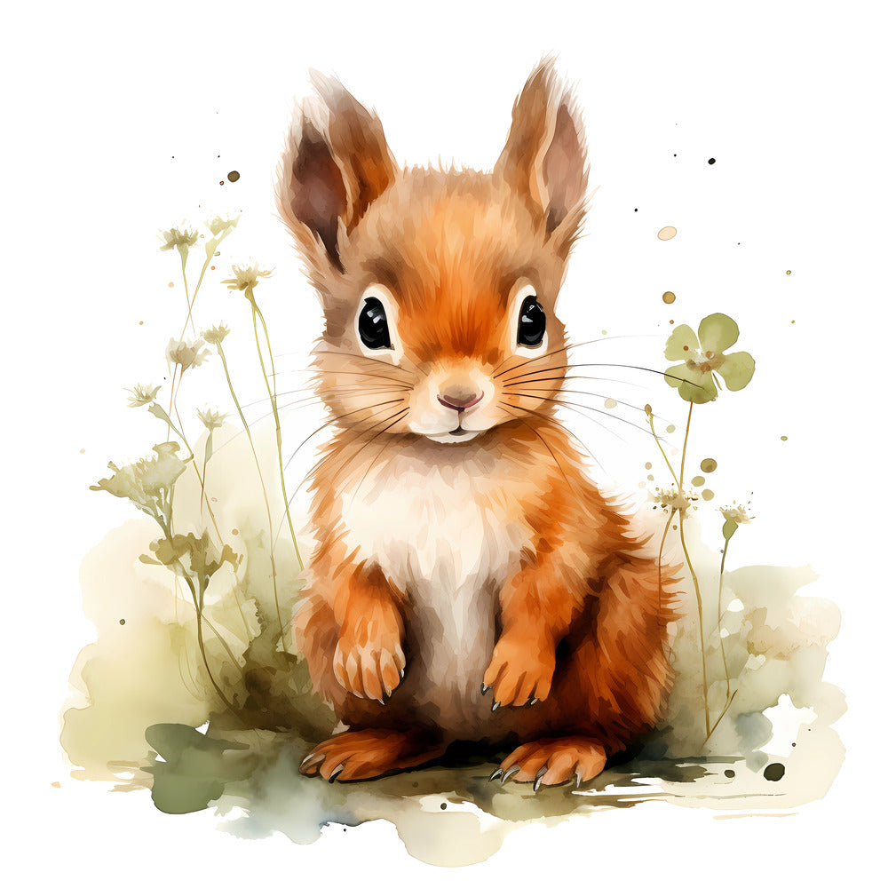Woodland Baby Squirrel 3 Fabric Panel featuring a detailed watercolor squirrel with natural floral accents on premium quilting cotton.