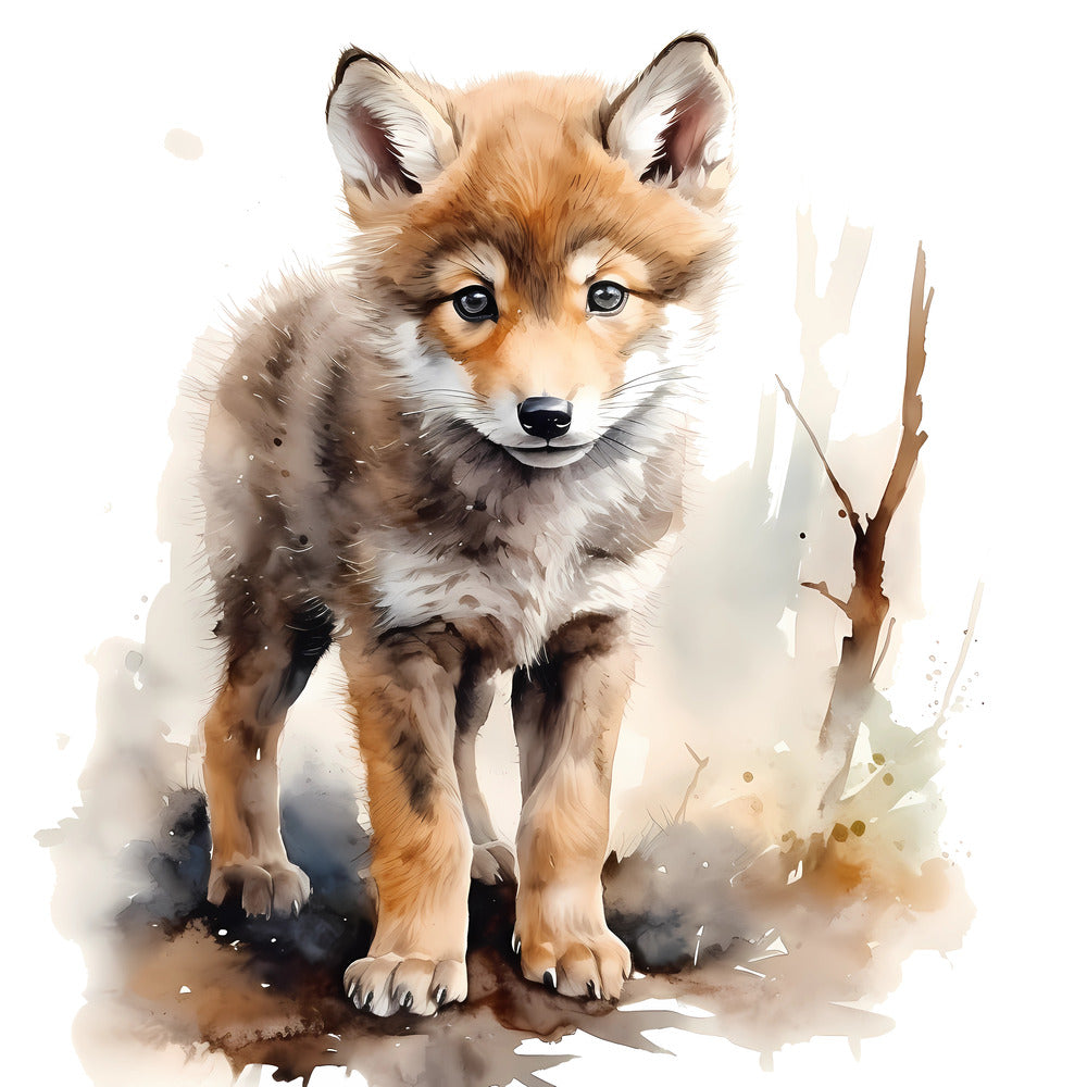 Woodland Baby Wolf 1 Fabric Panel featuring a detailed, artistic depiction of a young wolf in a soft forest setting.