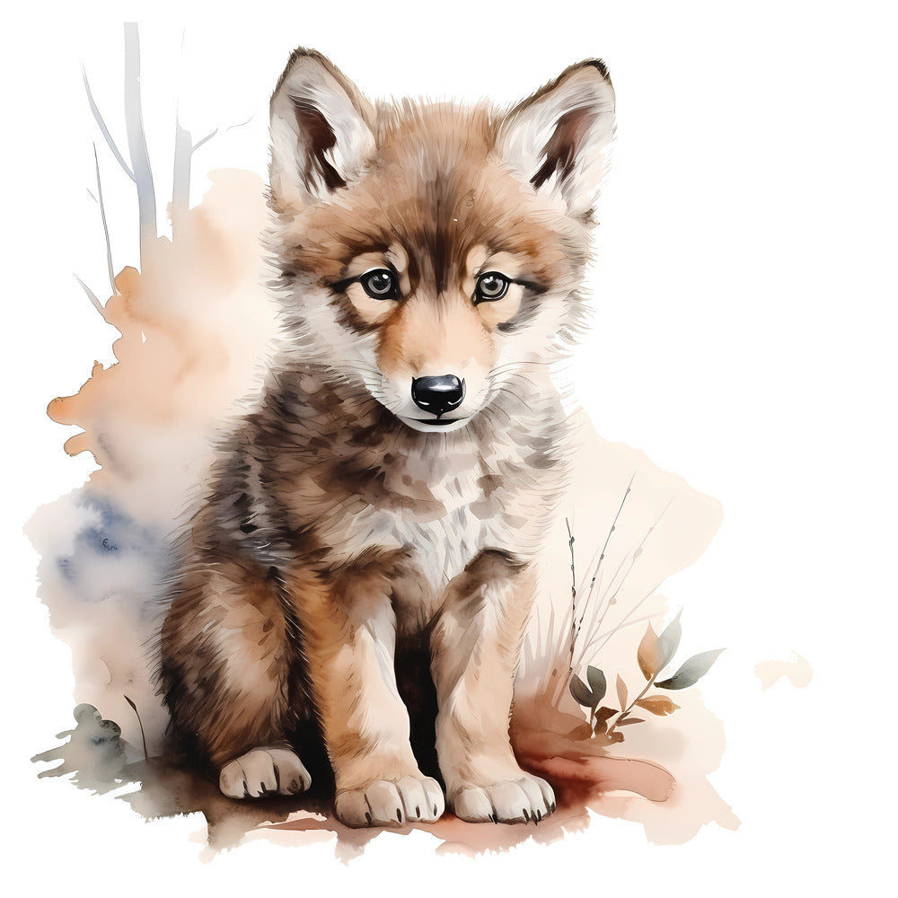 Woodland Baby Wolf 2 Fabric Panel featuring a detailed, soft-toned illustration of a baby wolf in natural colors.