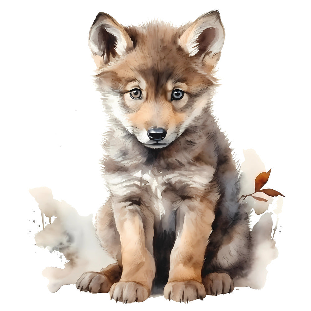 Woodland Baby Wolf 3 Fabric Panel featuring a detailed, soft-colored illustration of a sitting wolf pup with autumn leaves backdrop.