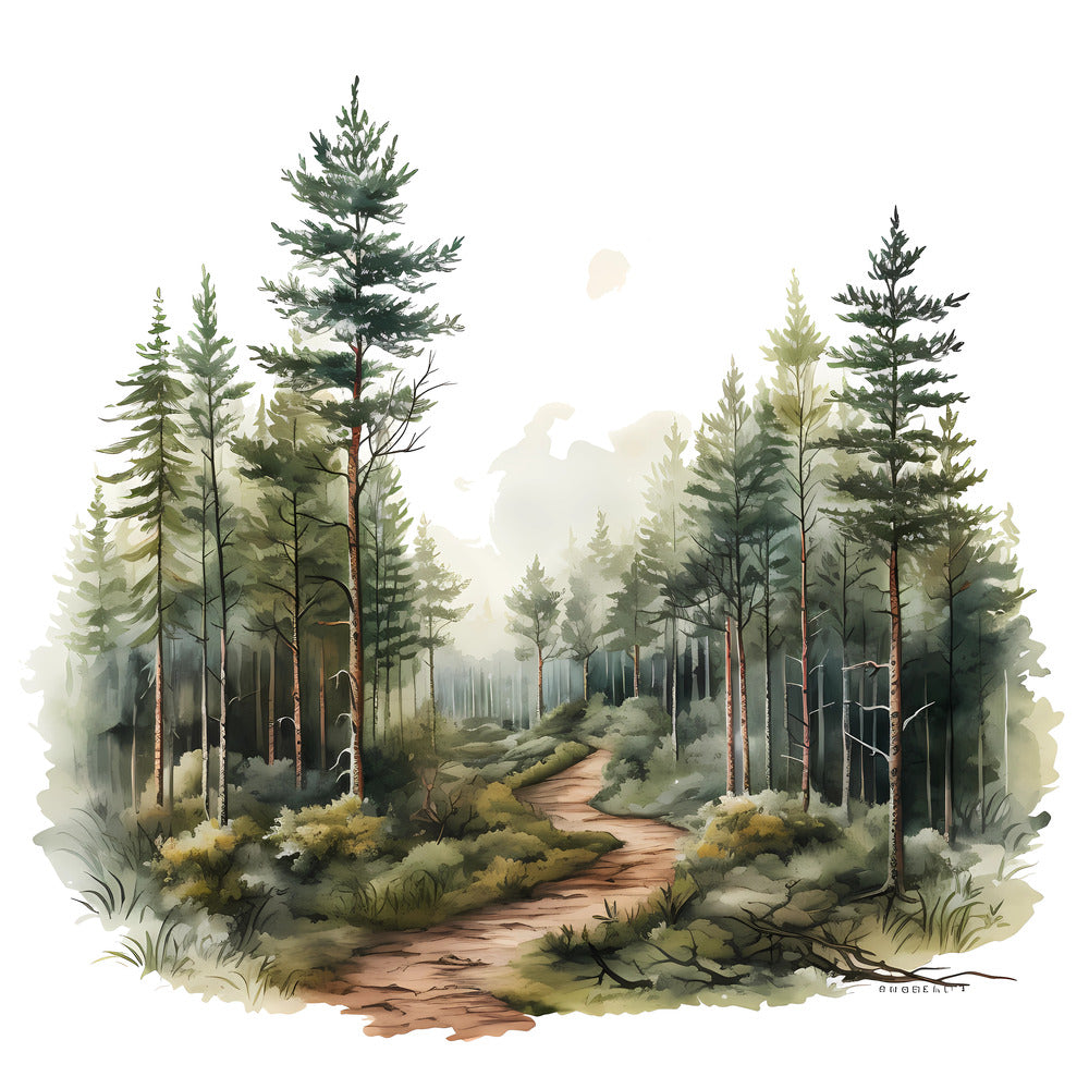 Woodland Forest Scene 4 Fabric Panel featuring a serene forest path with tall pine trees printed on premium quilting cotton.