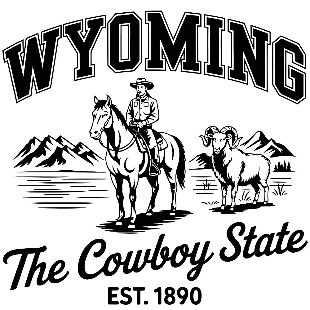 Wyoming Black and White Fabric Panel featuring a cowboy on horseback, mountains, and a ram with The Cowboy State text.