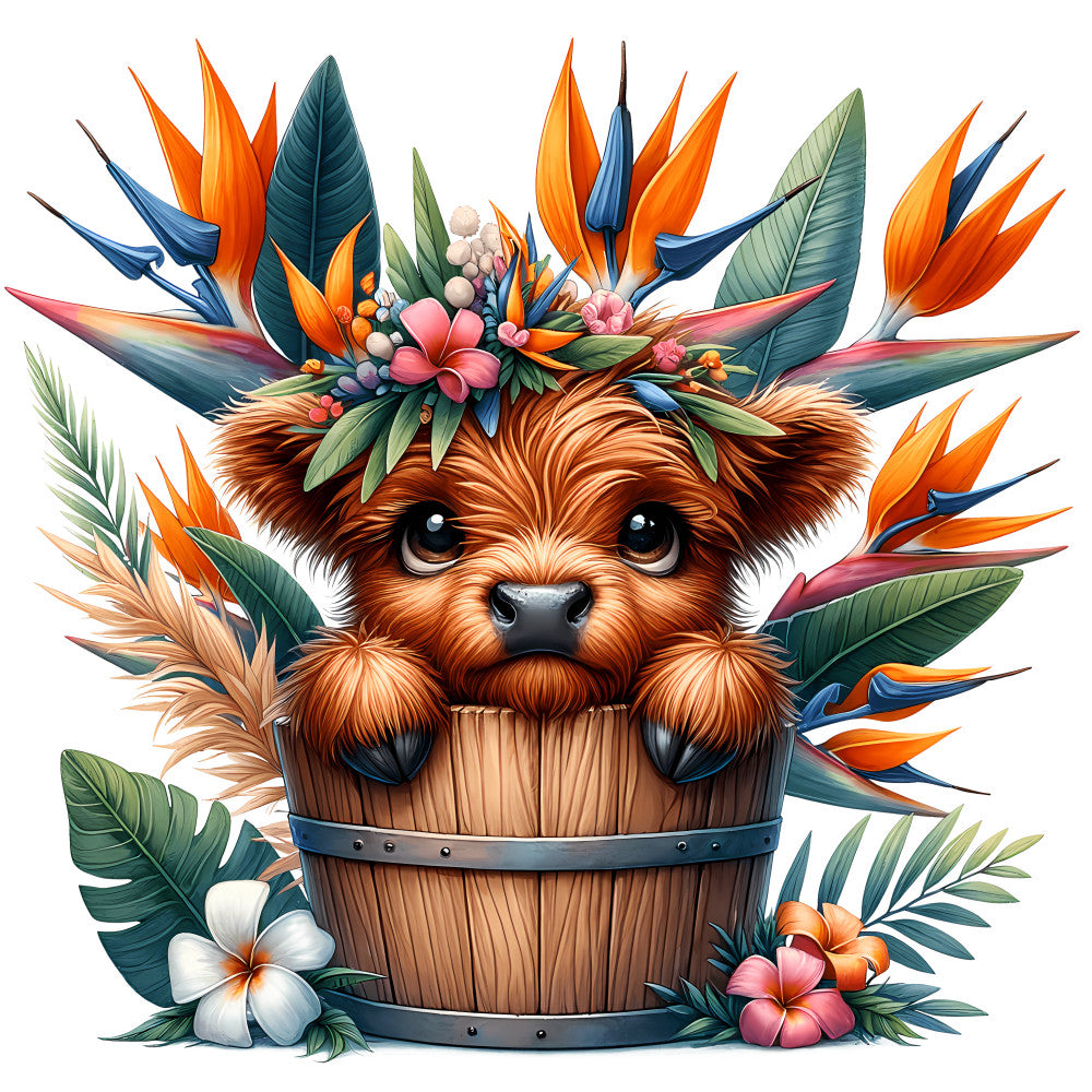 Cute Highland Cows in Buckets Fabric Panel 1 featuring a detailed adorable calf in a wooden bucket surrounded by colorful tropical flowers and leaves