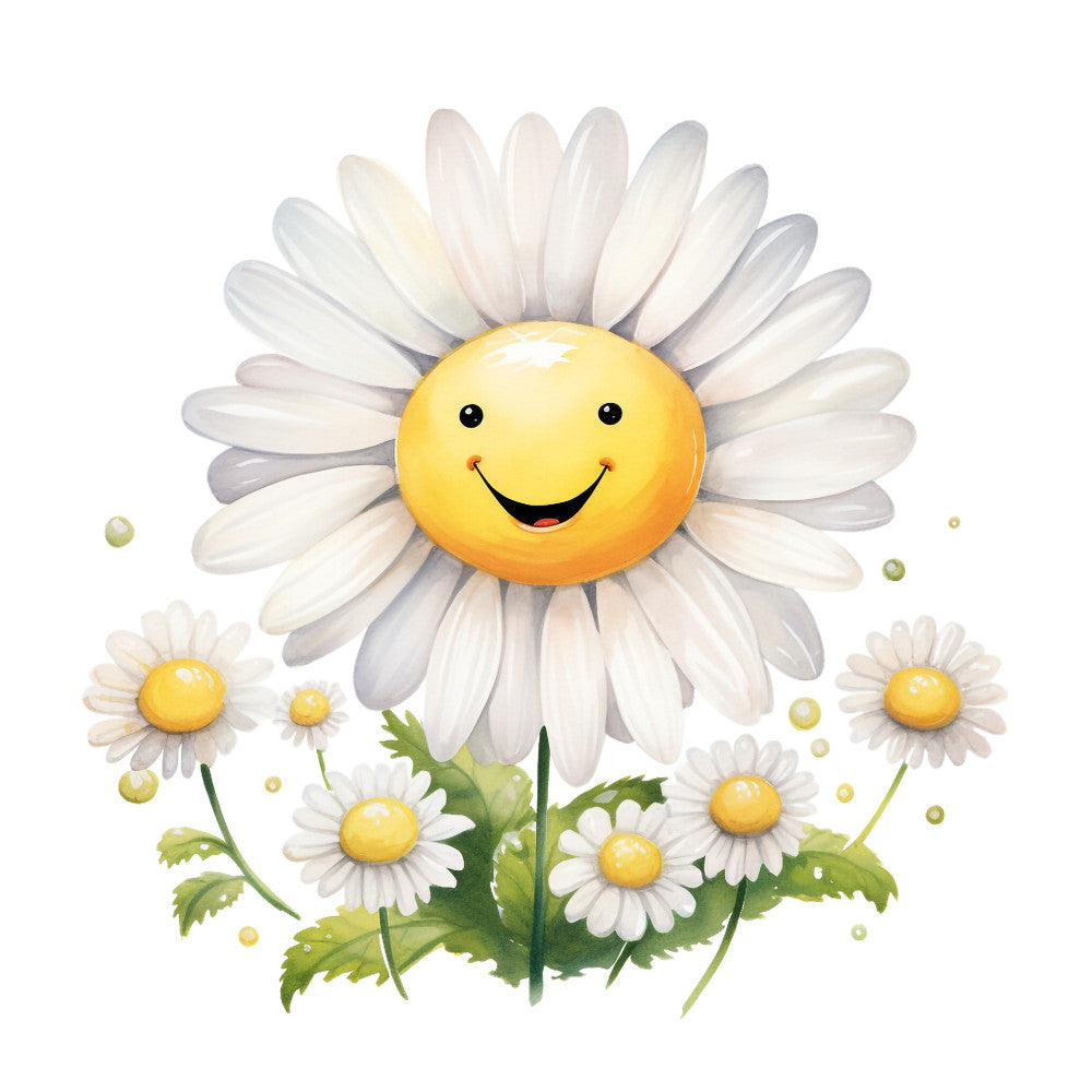 white daisies, yellow centers, smiling faces, happy flowers, watercolor style, floral panel, green leaves, cheerful design, fabric panel, quilting cotton, spring flowers, botanical print, cute characters, pastel colors, garden theme, children's fabric, whimsical art, nature motifs, craft panel