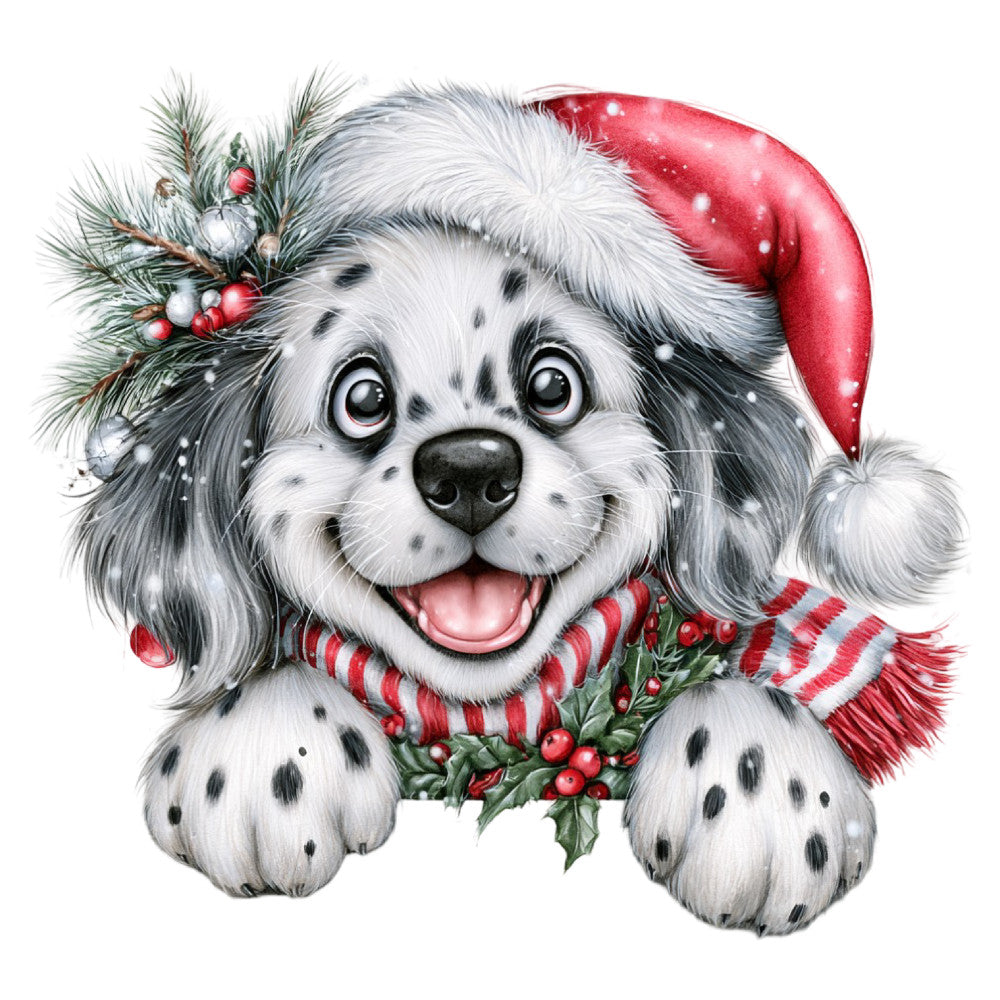 christmas dog, holiday puppy, festive pet, white and gray, red santa hat, candy cane stripes, holly berries, whimsical animals, cute dog face, seasonal decoration, christmas theme, winter holiday, red and white, adorable puppy, cheerful expression, festive scarf, decorative panel, holiday spirit, joyful animals, traditional christmas, family friendly, children's design, playful theme, spotted dog breed, evergreen branches, seasonal motif, holiday gift, warm and cheerful