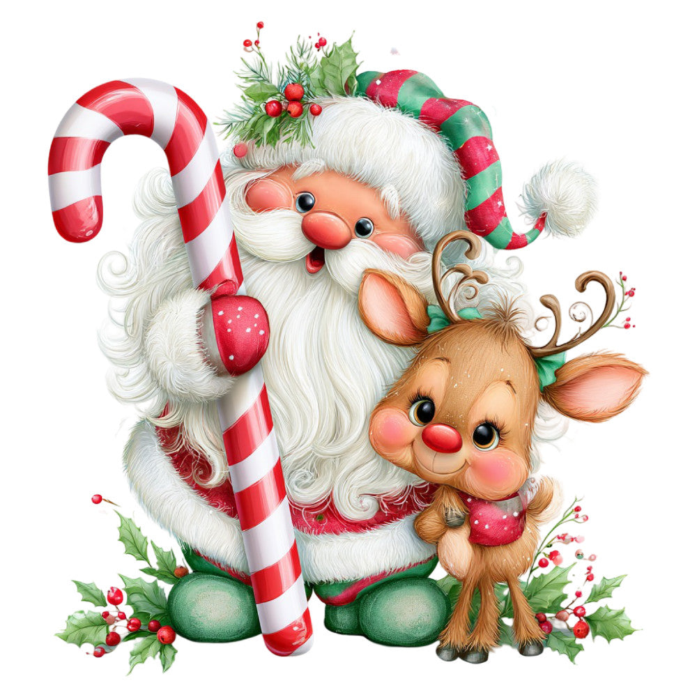 santa, reindeer, christmas, holiday, festive, candy cane, red and white, forest green, cream white, ivory, coral pink, whimsical, vintage, nostalgic, traditional, cute, jolly, decorated, holly berries, evergreen, metallic accents, children's, retro christmas, seasonal, winter, decorative motifs, cheerful, classic christmas theme