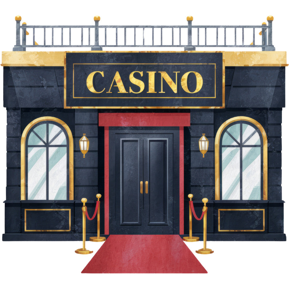 watercolor, casino, building, facade, red carpet, gold accents, navy blue, burgundy, yellow, architectural, gaming, entrance, double doors, arched windows, velvet ropes, lanterns, balcony, railing, fabric panel, quilting cotton, entertainment theme