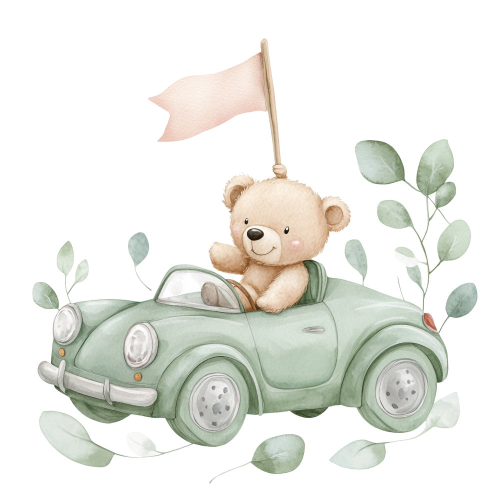 sage green, soft pink, cream, teddy bear, vintage car, whimsical, baby, nursery, eucalyptus leaves, botanical, children's, sweet, adorable, illustration, storybook, spring, pastel colors, boy, girl, gender neutral, cute animals, transportation, nature themed, soft watercolor, gentle, sentimental, baby quilt, crib bedding, wall hanging, declaration of independence