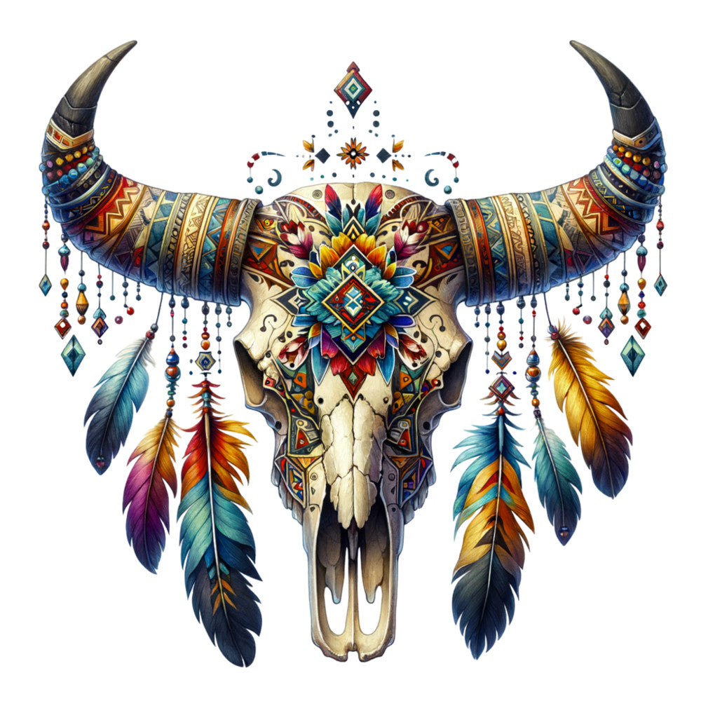 bull skull, tribal patterns, geometric designs, feathers, dreamcatcher, southwestern style, native american inspired, turquoise, coral red, golden yellow, deep blue, purple accents, beadwork details, mandala motifs, fabric panel, quilting cotton, bohemian art, spiritual symbols, horned skull, decorative beading