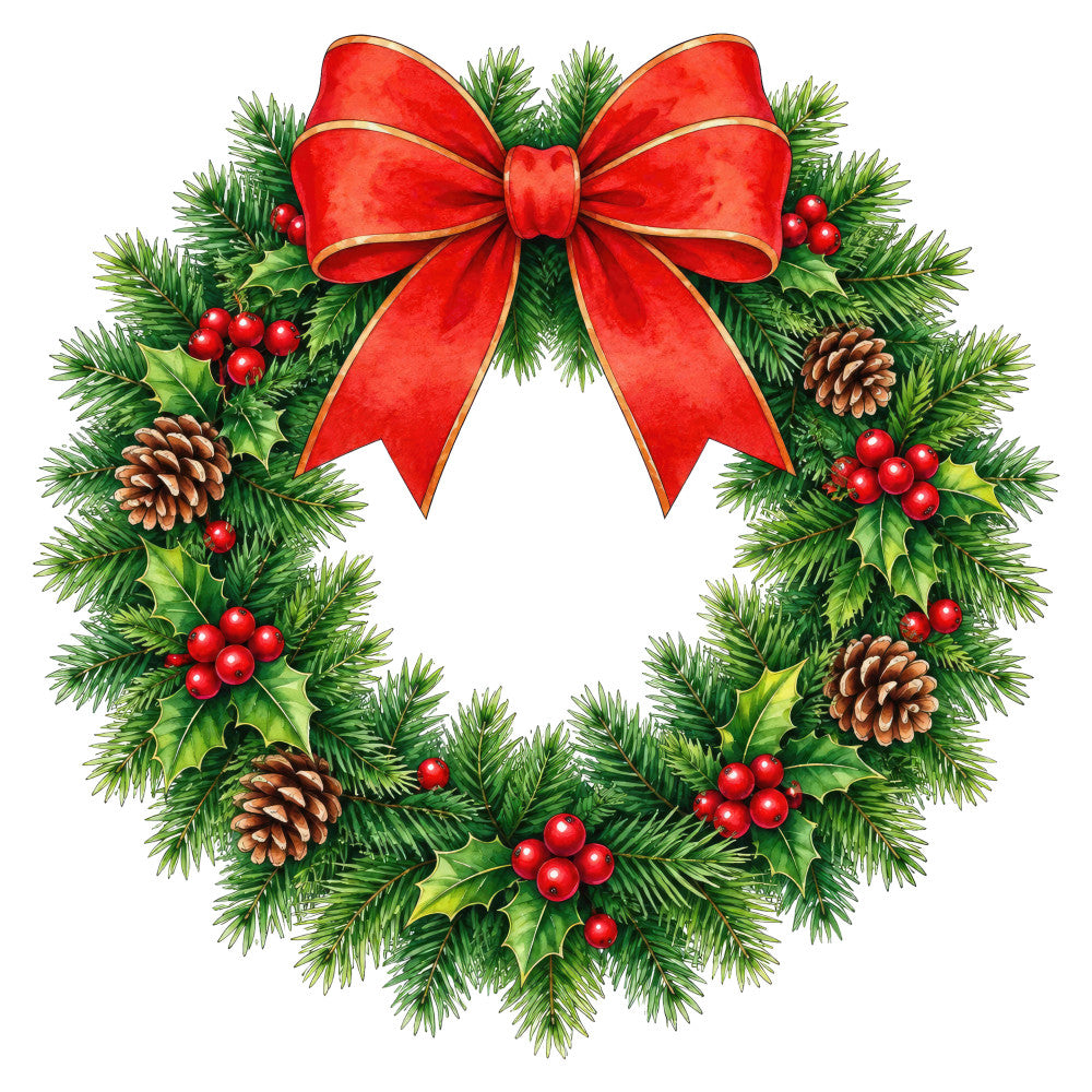 christmas wreath, holiday, red bow, evergreen, holly, berries, pinecones, festive, traditional, elegant, winter, seasonal, red and green, gold accents, nature, botanical, wreath design, december, yuletide, classic christmas, decorative, vibrant red, forest green, natural elements, timeless, ornamental, celebration, festive decor