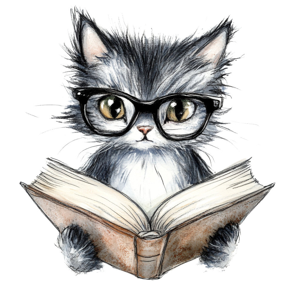 black and white, gray, cream, charcoal, tan, cat, feline, reading, book, glasses, intellectual, whimsical, humorous, quirky, cute, animal, literary, scholarly, modern, playful, portrait, face, illustration, artistic, decorative, novelty, conversation starter, home decor, wall hanging, classroom