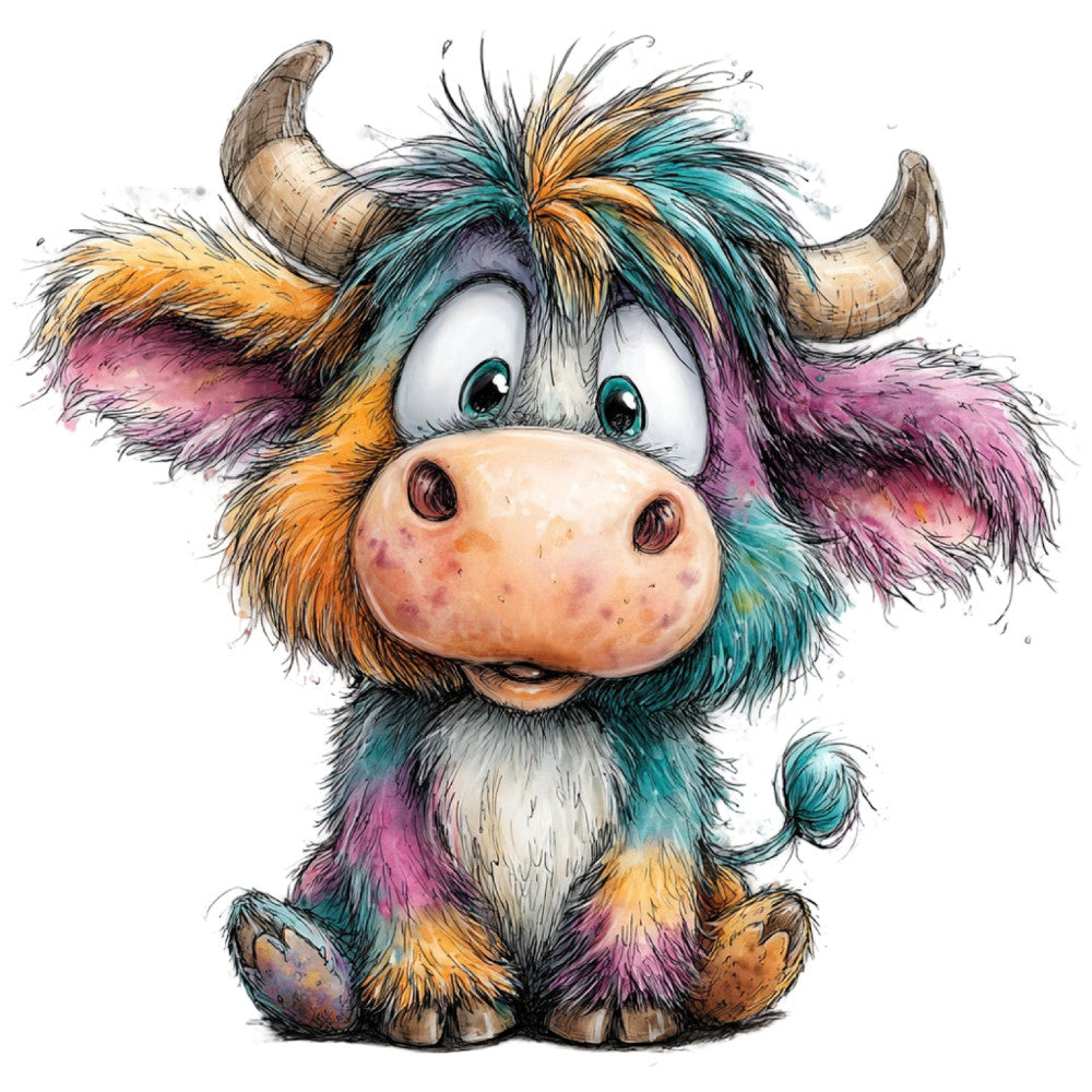 colorful highland cow, whimsical cow, turquoise, magenta pink, golden yellow, orange, purple, multicolor, animal print, cow face, cute cow, children's fabric, novelty print, whimsical style, playful design, bright colors, rainbow colors, farm animals, nursery fabric, baby quilt, kids fabric, charming print, folk art style, decorative panel, illustration style, character fabric, cute animals, pastoral theme, colorful animals