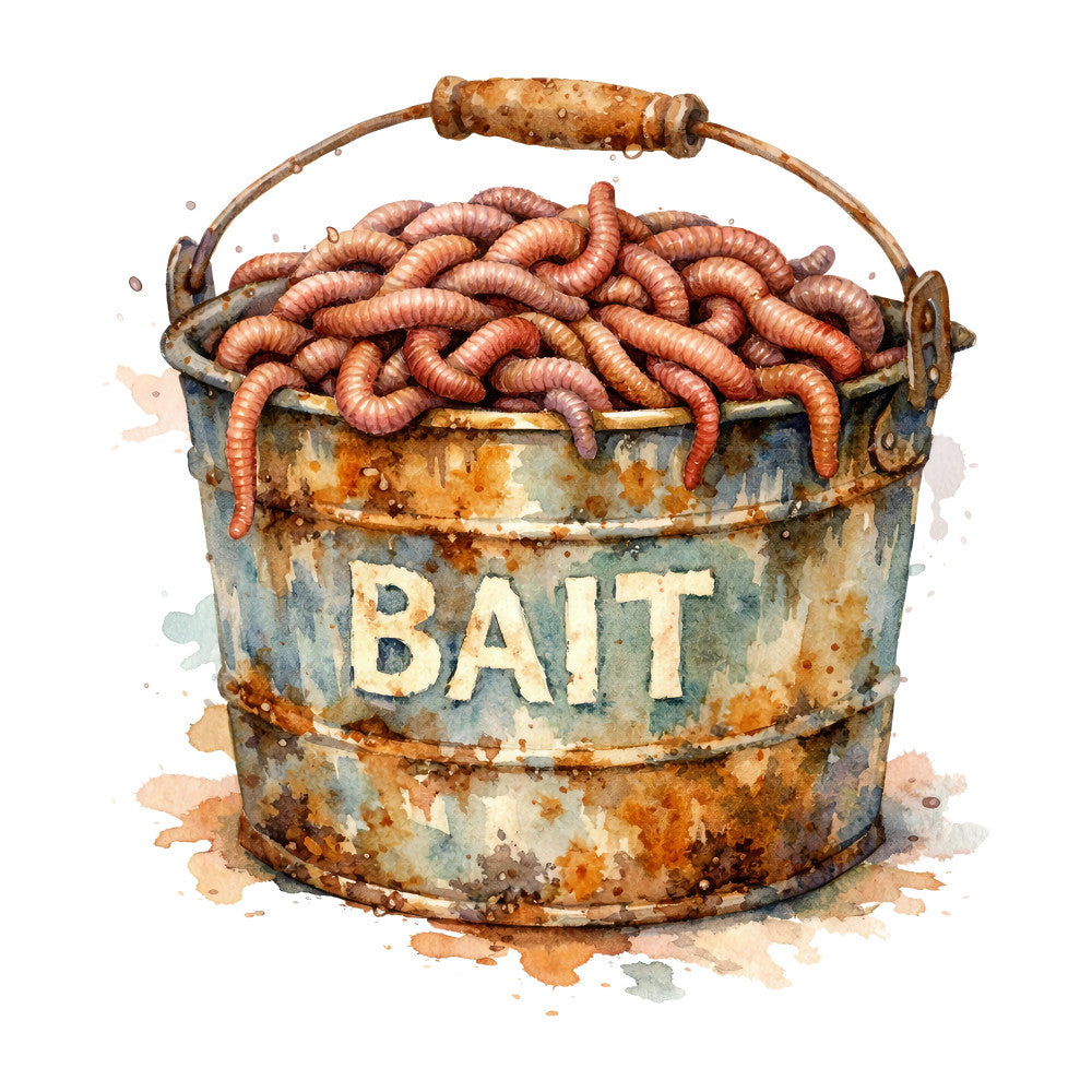 fishing, bait bucket, worms, rustic, vintage, farmhouse, countryside, fishing themed, nostalgic, weathered, distressed, rust orange, sage green, cream, blue-green, patina, metal bucket, fishing bait, larva, segmented worms, outdoor sports, hobby, masculine, folk art, watercolor style, cottage core, americana, fishing lure, tackle, angler