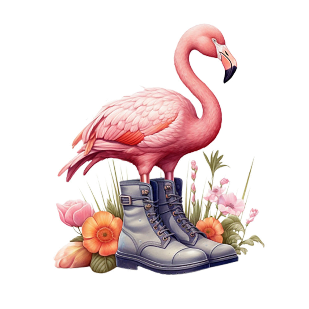 pink flamingo, combat boots, watercolor style, floral arrangement, coral pink, orange flowers, green foliage, whimsical design, fabric panel, quilting cotton, tropical bird, botanical elements, pastel colors, decorative illustration, crafting material, sewing project, nature motif, artistic rendering, soft tones, novelty print