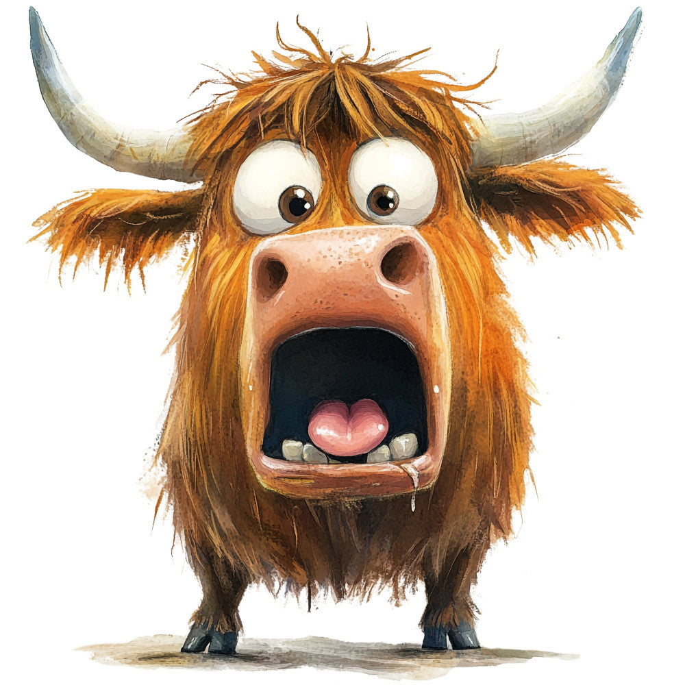brown, tan, cream, orange, rust, golden yellow, animal, highland cattle, cow, scottish, whimsical, cartoon, funny, comic, children's, playful, expressive, farmhouse, rural, livestock, cute, humorous, surprised expression, wide eyed, shaggy hair, horns, kids fabric, novelty, folk art style, country