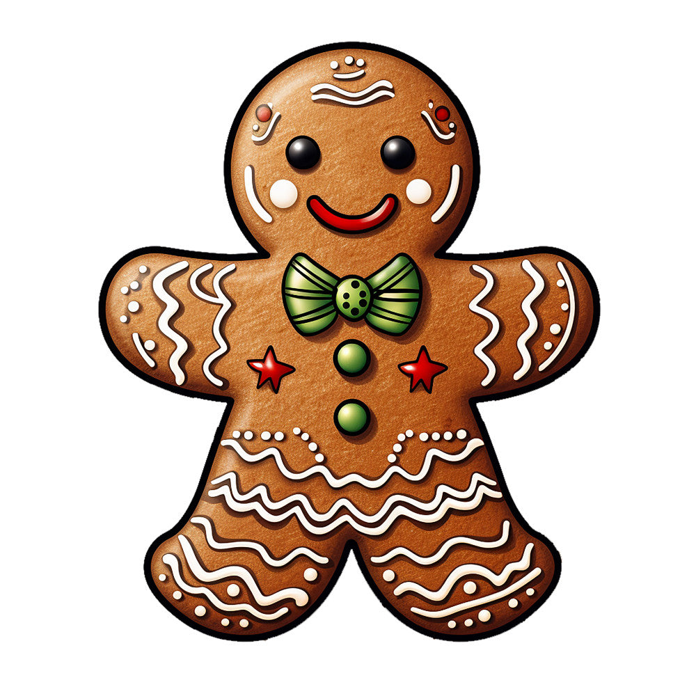 Cute Christmas Gingerbread Man Fabric Panel 10 featuring a decorated gingerbread character with icing and a green bow tie on premium cotton fabric.