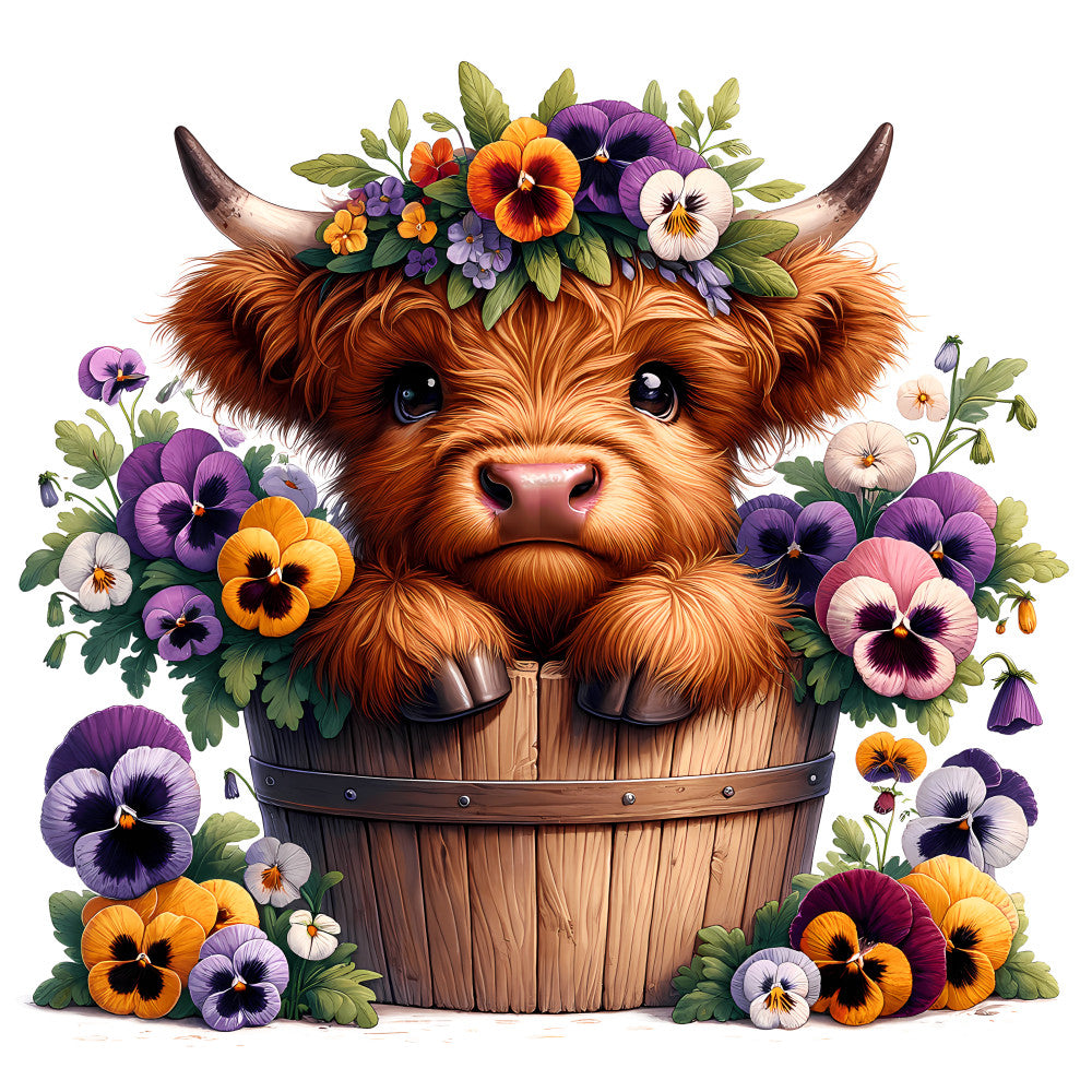 Cute Highland Cows in Buckets Fabric Panel 4 features an adorable highland calf with flowers in a wooden bucket, printed on premium quilting cotton.