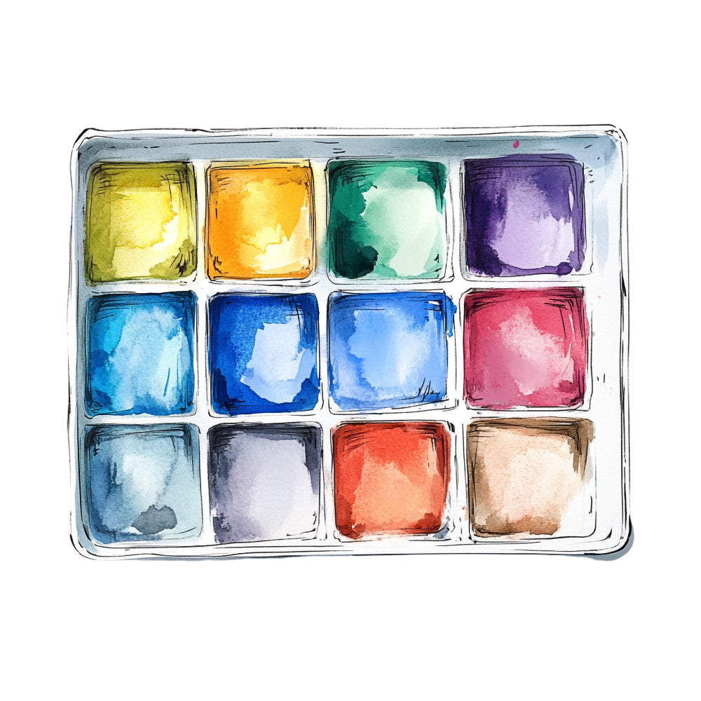 watercolor palette, artist supplies, paint colors, yellow, orange, green, purple, blue, red, brown, gray, art studio, creative theme, watercolor style, fabric panel, quilting cotton, artistic design, painter tools, colorful squares, craft room
