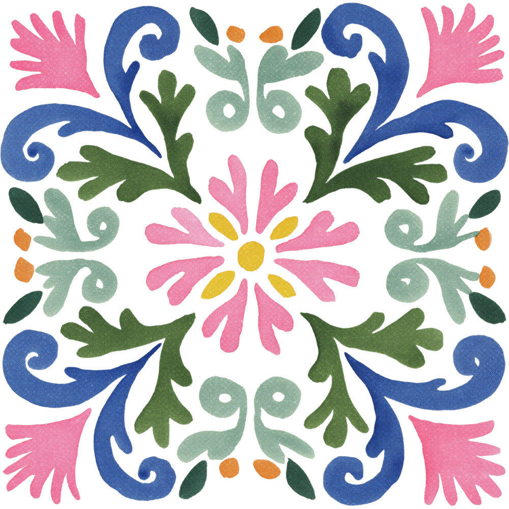 navy blue, forest green, dusty rose, coral pink, sage green, golden yellow, ornamental, floral, symmetrical, botanical, folk art, traditional, whimsical, bohemian, vintage, decorative, damask, medallion, leaves, scrollwork, flourishes, flower, daisy, spring, summer, nature-inspired, cottage style, eclectic, colorful, bright