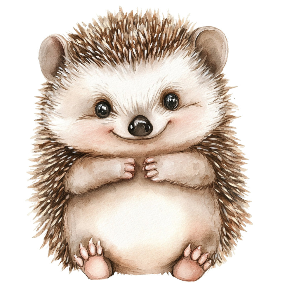 cute hedgehog, whimsical animals, woodland creatures, baby nursery, children's illustration, cream white, warm brown, tan, neutral tones, adorable character, storybook art, playful style, nature themed, forest animal, sitting pose, sweet expression, nursery decor, baby quilt, kids fabric, illustration style, watercolor effect, soft pastels, gentle colors, animal motif, country cottage, rustic charm, child-friendly, bedtime story