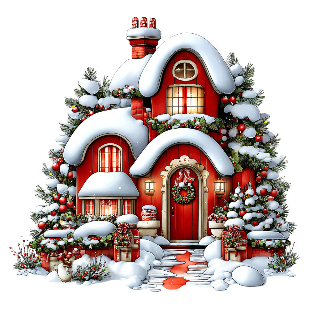 red house, christmas, holiday, snow, winter, festive, whimsical, traditional, cottage core, chimney, wreath, evergreen, pine branches, red ornaments, gold accents, cream, white, dark red, candy cane stripes, lantern, front door, seasonal, decorative, cheerful, nostalgic, storybook, fairy tale, charming, vintage holiday