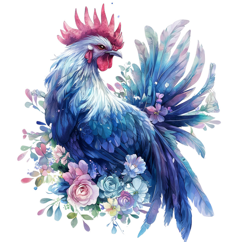 watercolor rooster, blue feathers, pink comb, floral arrangement, purple roses, fabric panel, quilting cotton, botanical elements, artistic bird, soft pastels, navy blue, magenta flowers, decorative feathers, nature inspired, whimsical design, hand painted style, craft fabric, sewing material, rooster portrait, flowing tail feathers