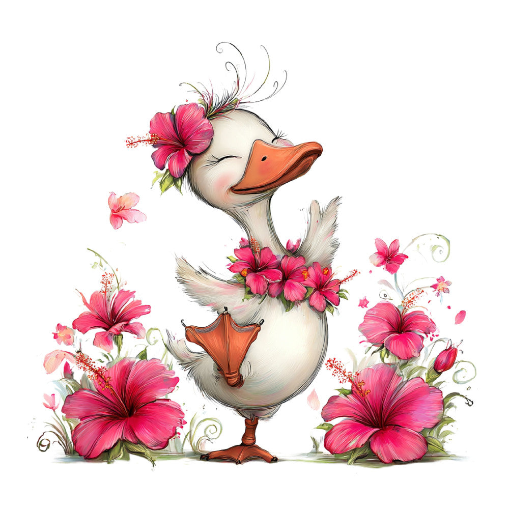 cute duck, pink hibiscus, hot pink flowers, coral orange bill, whimsical animals, spring floral, cheerful character, botanical print, nature themed, farmhouse style, country cottage, decorative bird, flowering plants, pastel background, children's design, playful illustration, garden theme, tropical flowers, stamen details, feathered friend, baby quilt, wall hanging, cream colored, magenta blooms, delicate petals, leafy vines, curling tendrils, folk art style, sweet character design