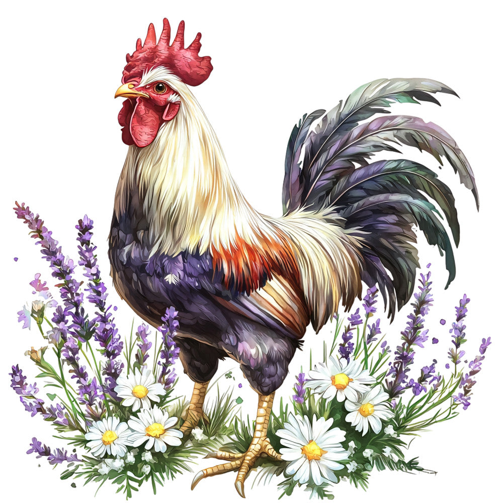 rooster, red comb, cream feathers, purple lavender, white daisies, floral arrangement, farm animal, country style, fabric panel, quilting cotton, botanical elements, yellow centers, green foliage, watercolor style, pastoral scene, chicken art, garden flowers, rustic charm, spring blooms, cottage core
