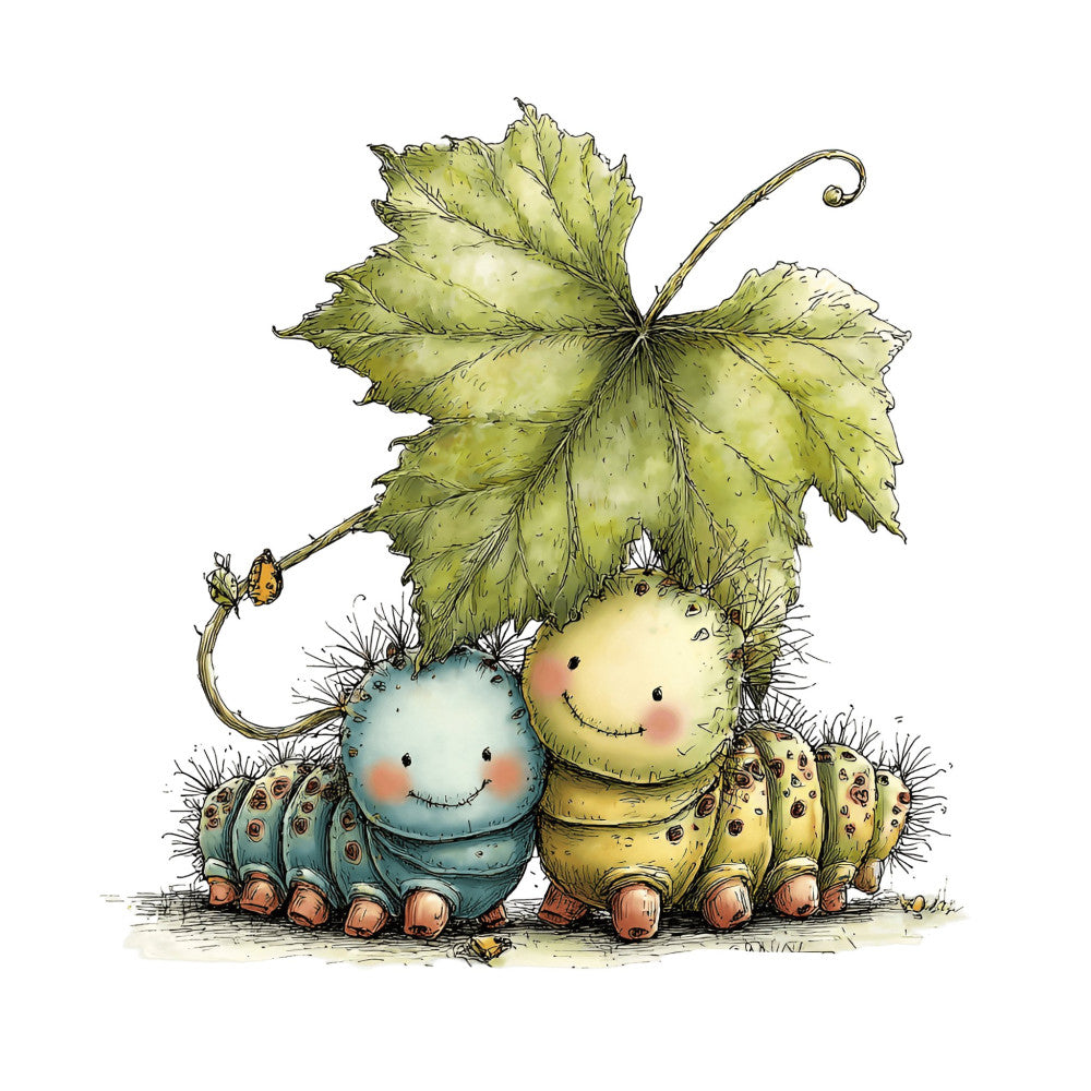 whimsical caterpillars, sage green, pale yellow, soft blue, nature, insects, children's, storybook, garden creatures, spring, cute animals, fantasy, illustration style, ladybug, leaves, vine details, charming, playful, botanical, soft colors, pastel palette, kid-friendly, magical, woodland, nature lovers, decorative panel, nursey, gentle style, sweet illustration