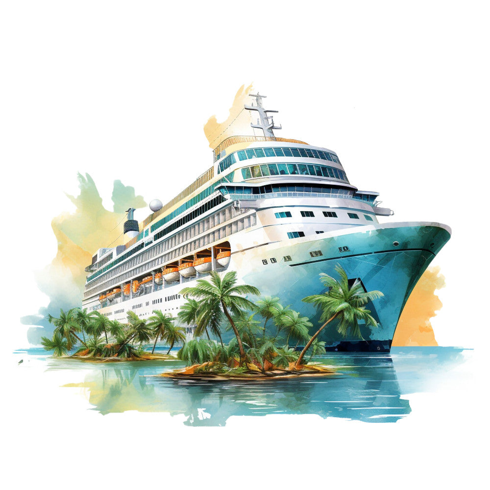 cruise ship, tropical paradise, palm trees, turquoise water, teal, aqua blue, white, orange, yellow, green, watercolor style, nautical theme, ocean scene, vacation motif, fabric panel, quilting cotton, maritime design, island getaway, ship illustration, tropical foliage