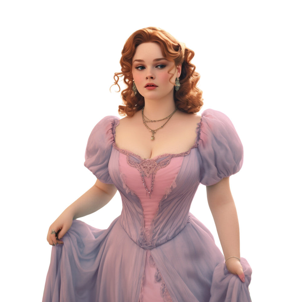 lavender, pink, purple, woman portrait, red hair, curly hair, period dress, corset, puffy sleeves, elegant gown, regency fashion, historical costume, fabric panel, quilting cotton, vintage style, romantic, ornate details, embroidered bodice, formal attire, portraiture