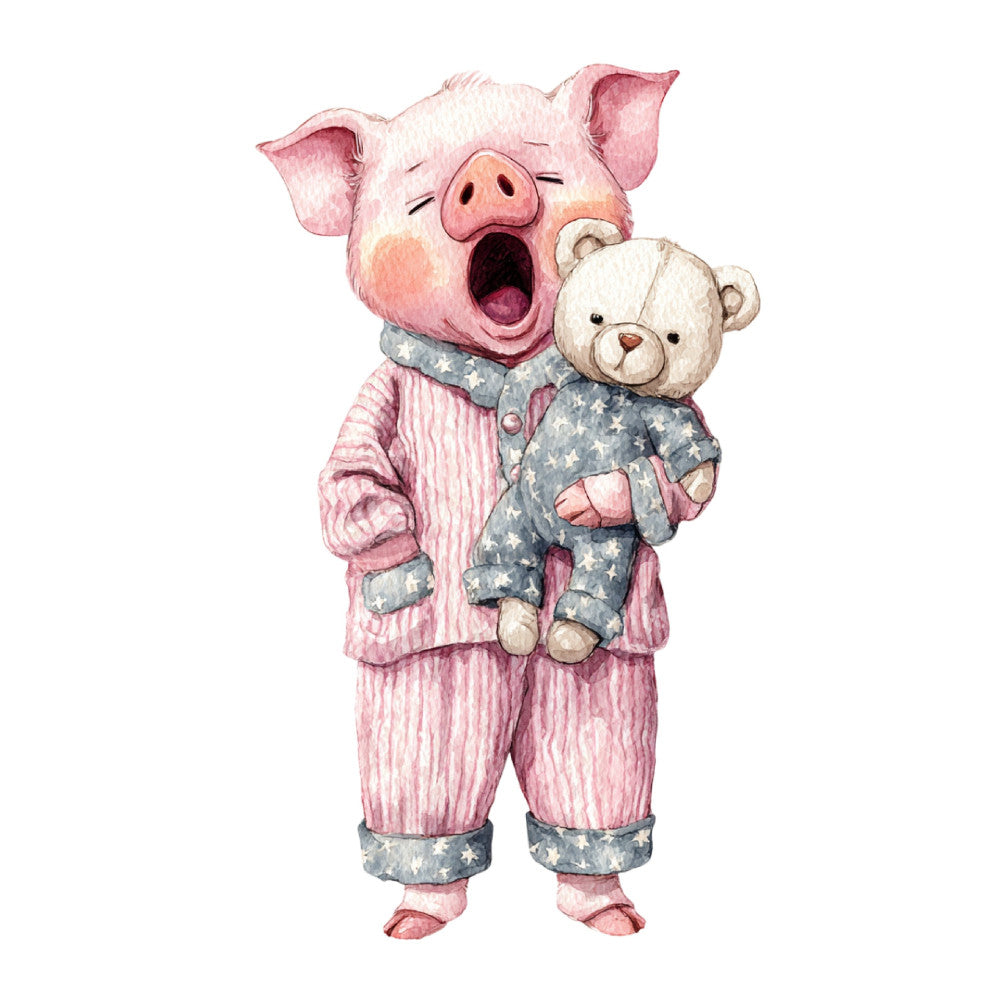 pig, teddy bear, animals, nursery, baby, children, cute, whimsical, pajamas, sleepwear, pink, cream, dusty blue, soft pink, pale blue, stars, striped, pajama print, playful, charming, gentle, sweet, bedtime, storybook, illustration, watercolor, soft colors, child-friendly, endearing, cozy