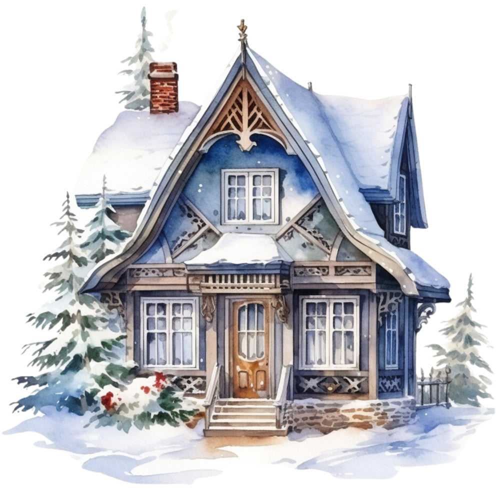 Watercolor Winter Houses Fabric Panel 35