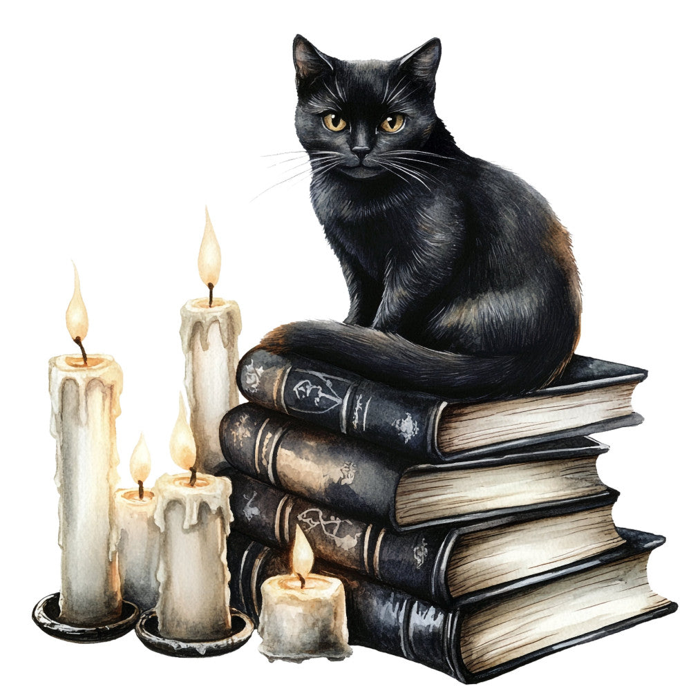 black cat, gold eyes, mystical, witchy, halloween, vintage books, candles, dark academia, gothic, elegant, whimsical, black, cream, gold, candlelight, literary, occult, magical, moody, atmospheric, spooky, autumn, halloween theme, witch aesthetic, spell book, vintage aesthetic, celestial magic, mysterious, enchanted, dark romantic